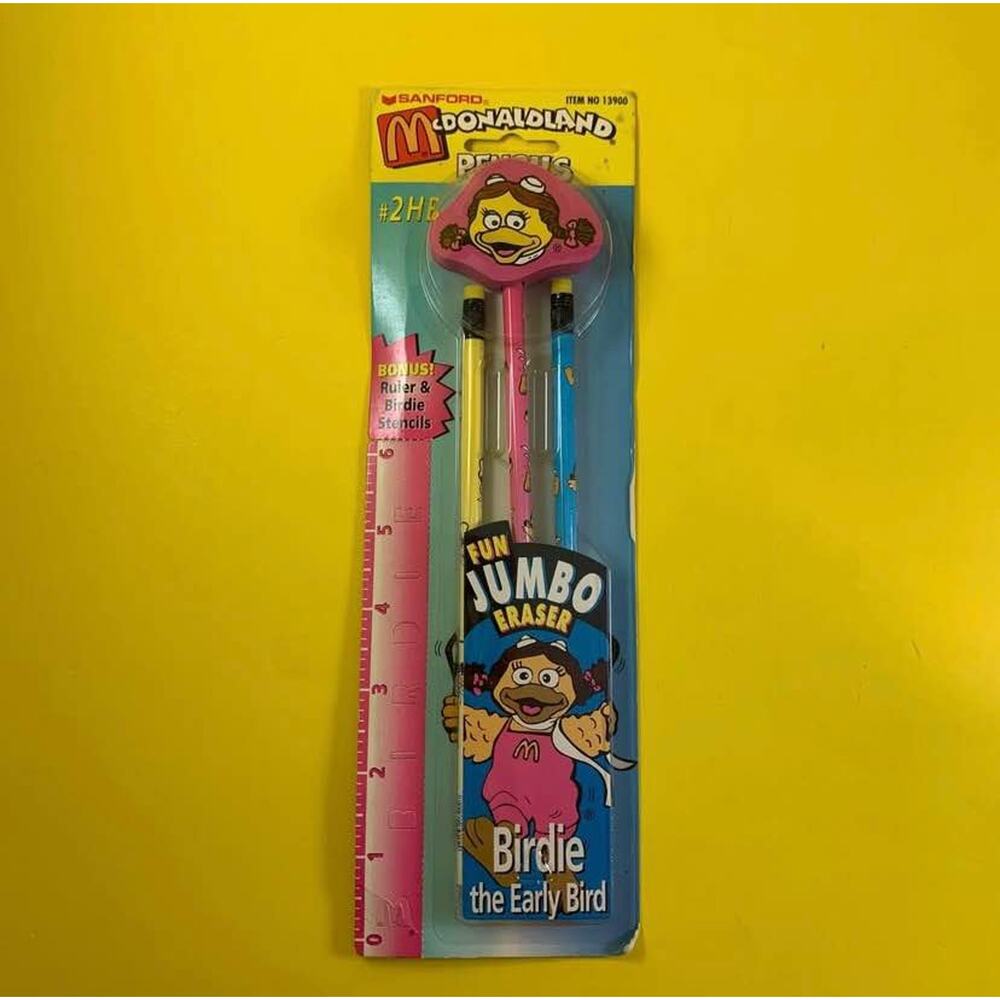 VINTAGE 90’s McDonald’s McDonaldland Birdie 3 Pencils Set w/ Jumbo Eraser Topper